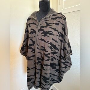 Tahari Black and Brown Camouflage Zip-Up Poncho